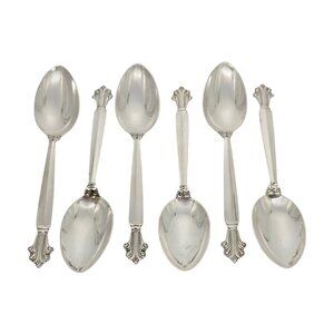 Set of 6 Georg Jensen Acanthus Sterling Silver Dessert/Oval Soup Spoons #19718